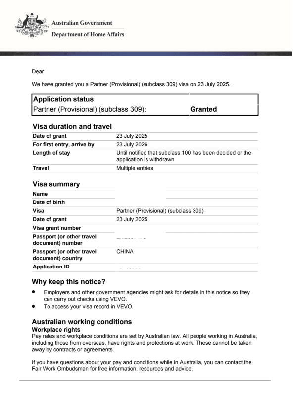 Partner Visa 309 visa