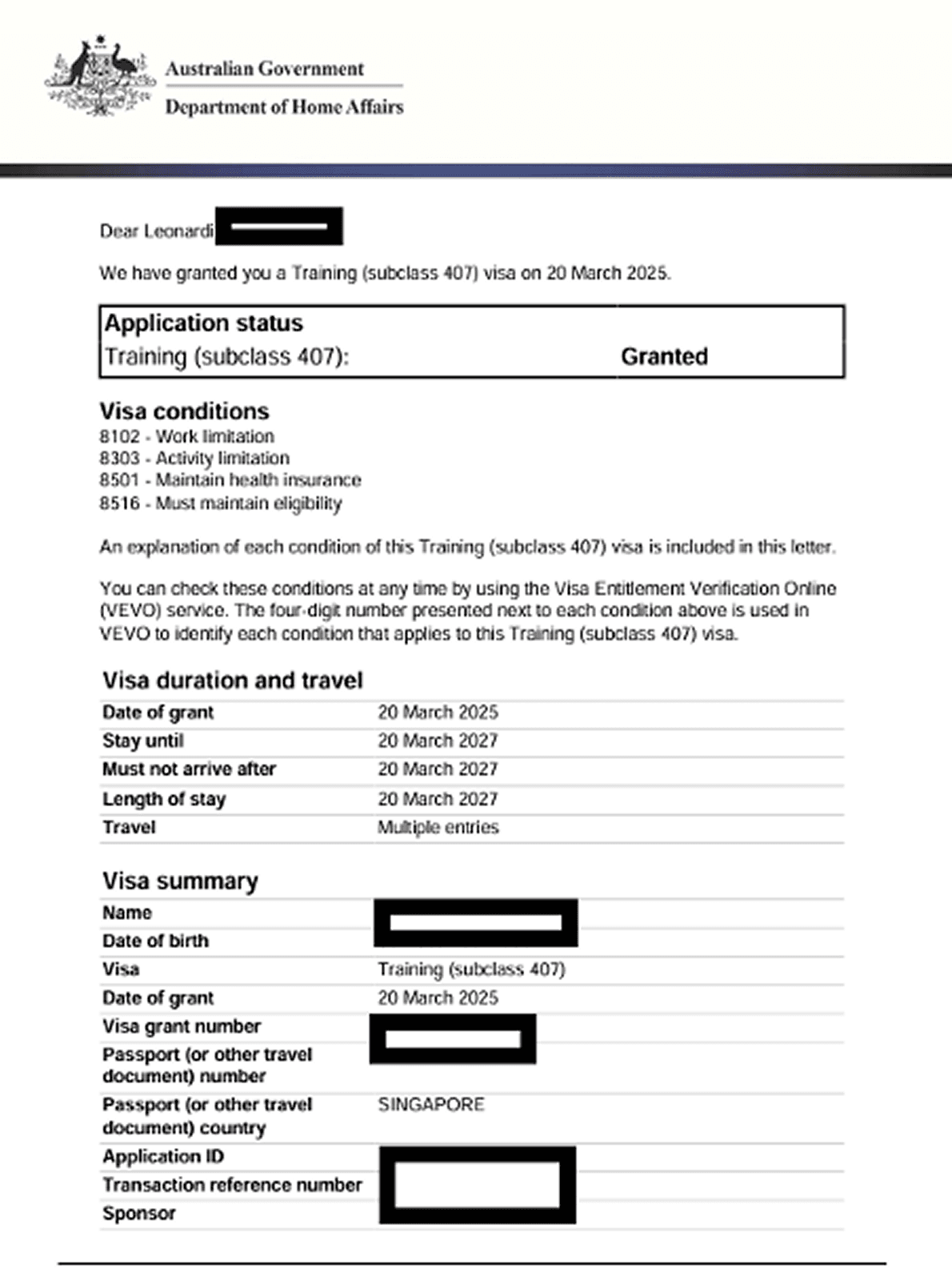 Training Visa 407 visa